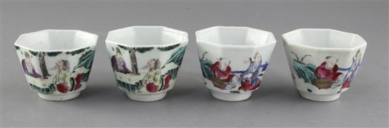 A set of four Chinese famille rose octagonal cups, each painted with immortals, width 8cm